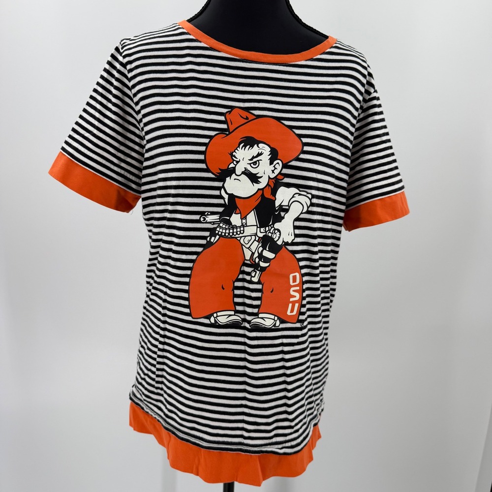 Oklahoma State Cowboys Pistol Pete Striped T-Shirt Women's Small Orange Black - Picture 3 of 10